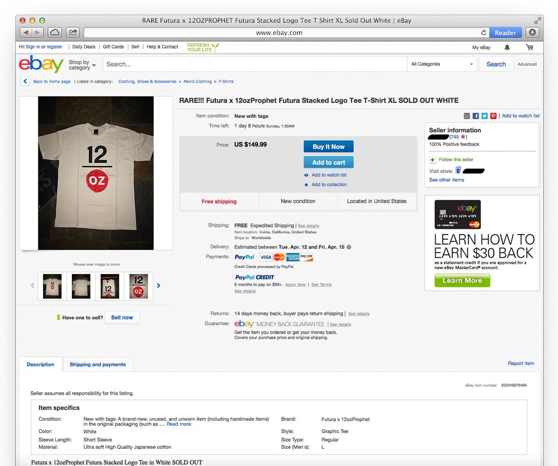 12ozProphet x Futura t-shirt on ebay